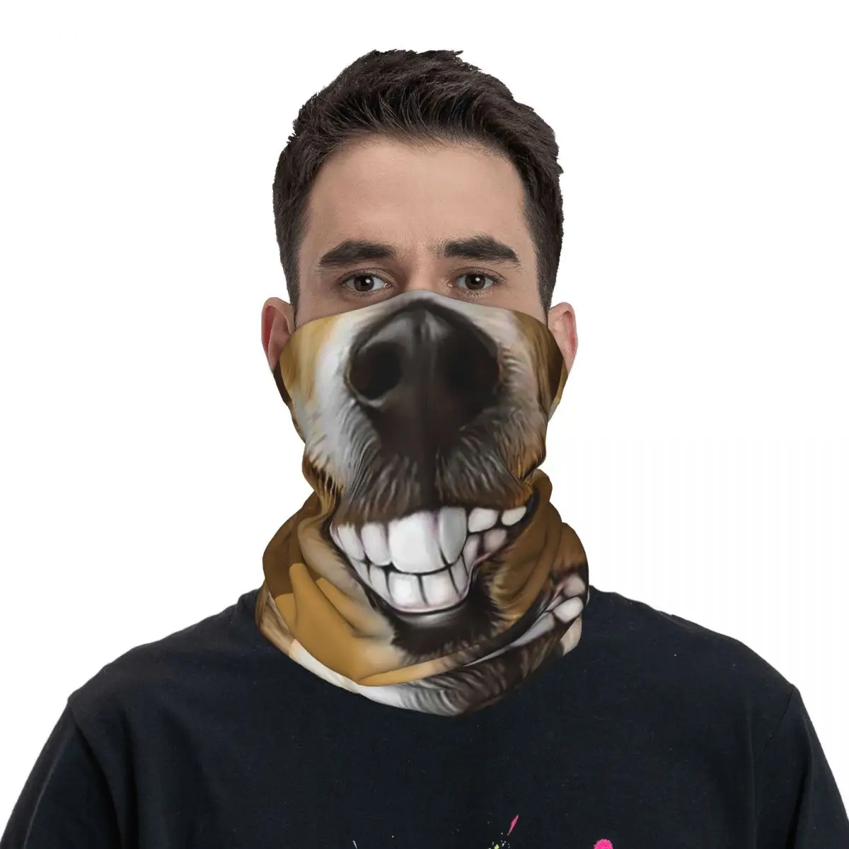 Funny Smiling Dog Face Bandana Neck Cover Printed Face Scarf Warm Cycling Scarf Outdoor Sports For Men Women Adult Washable