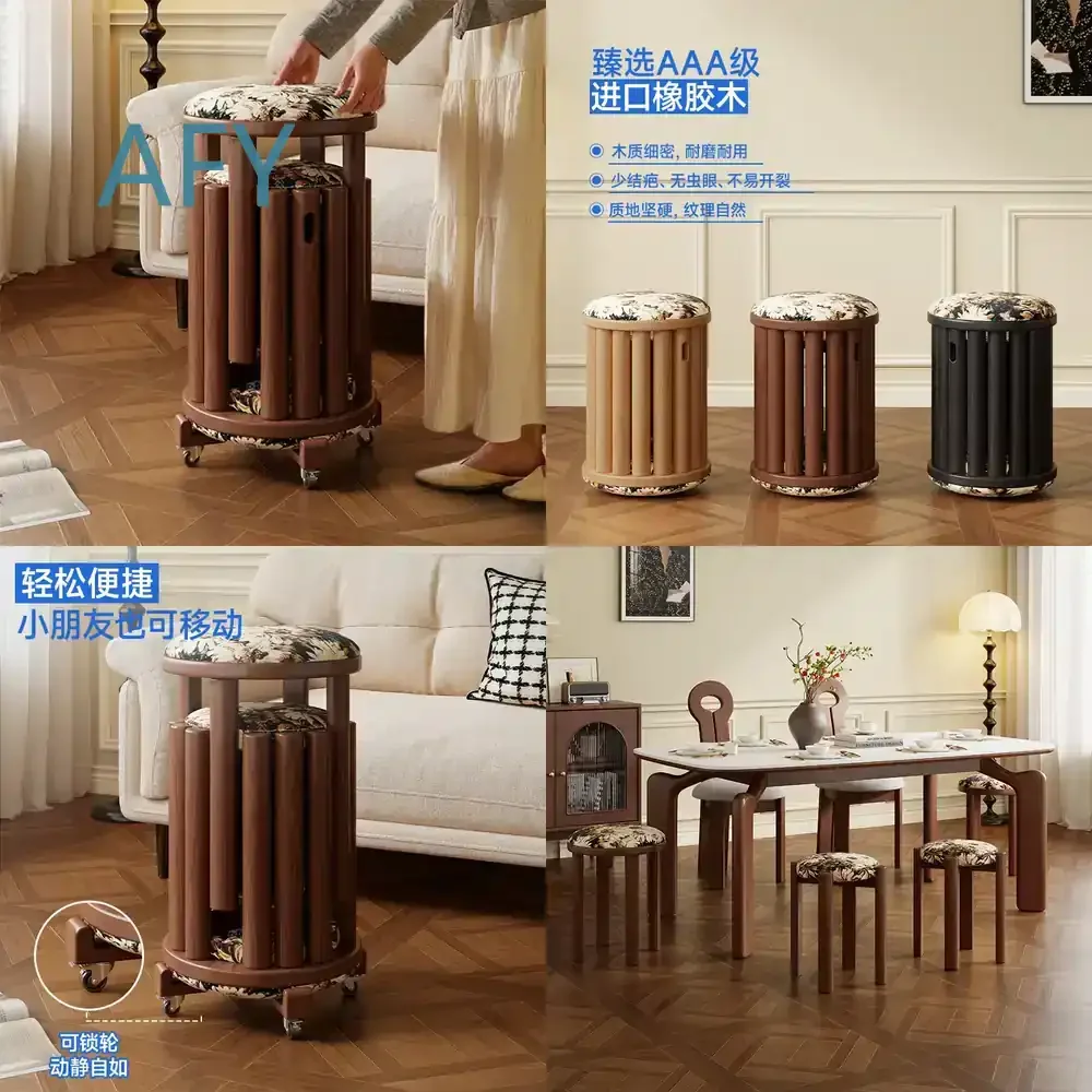Solid Wood Stool for Home Living Room Dining Table Use Round Footrest Bench with Soft Cushion for Comfortable Seating