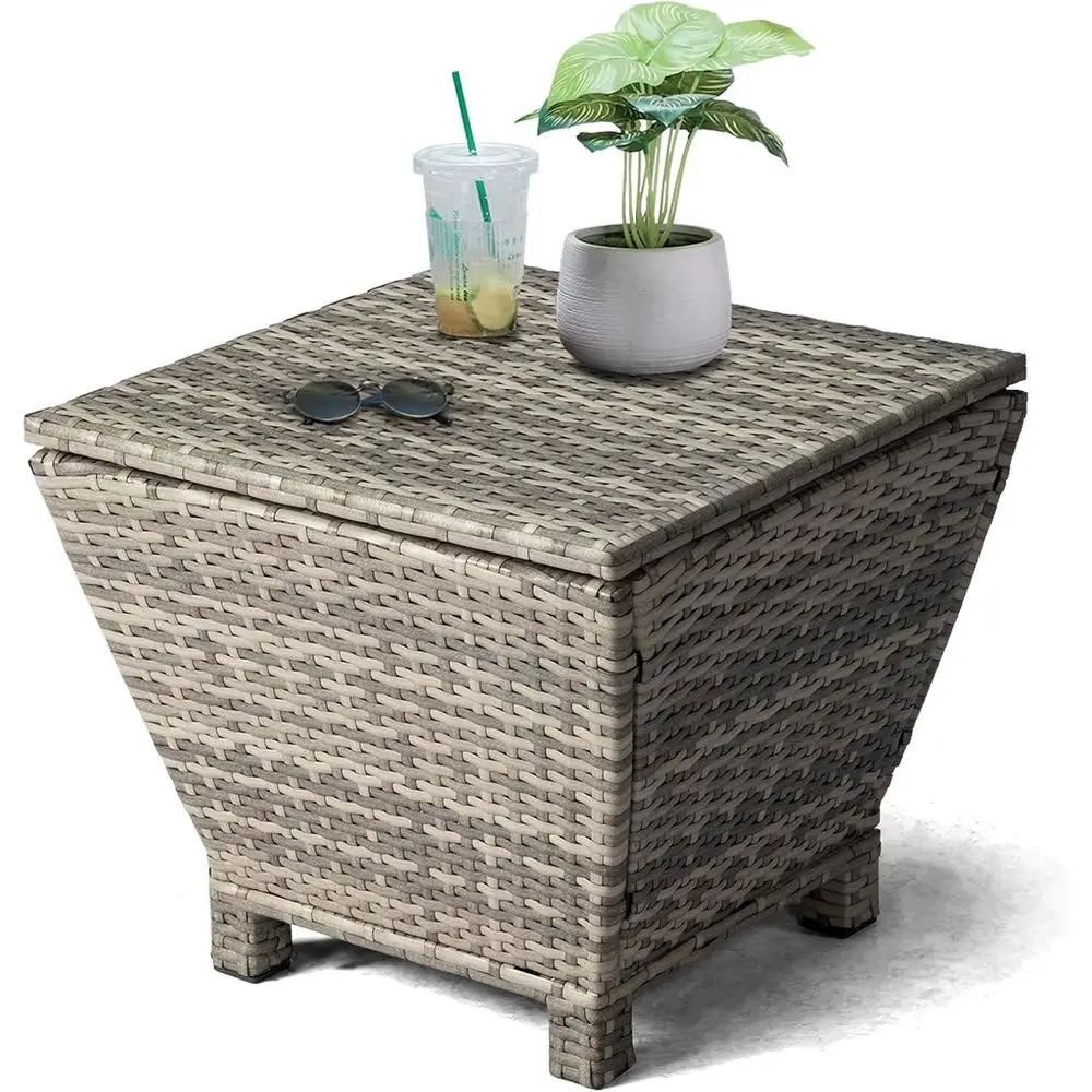 

Grey Trapezoid Outdoor Wicker Side Table with 13-Gallon Storage for Patio, Deck, or Poolside