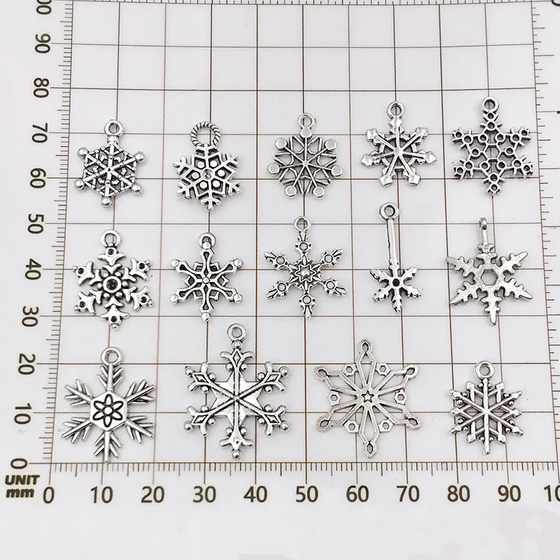 14pcs Mix Antique Silver Color Snowflake Charms For Jewelry Making Supplies Metal Retro Pendant Winter Christmas DIY Accessories