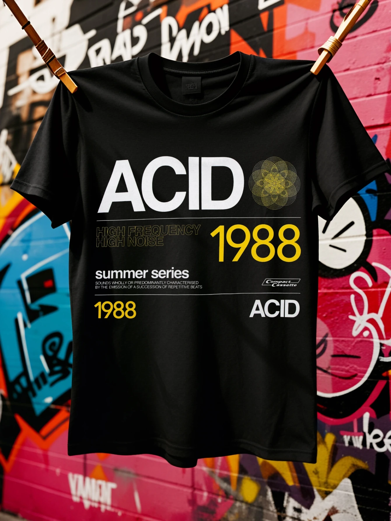 1988 Graphic T-Shirt – High-Frequency Music Summer Collection Yellow Retro Rave-Style Typographic Design  oversized t shirt