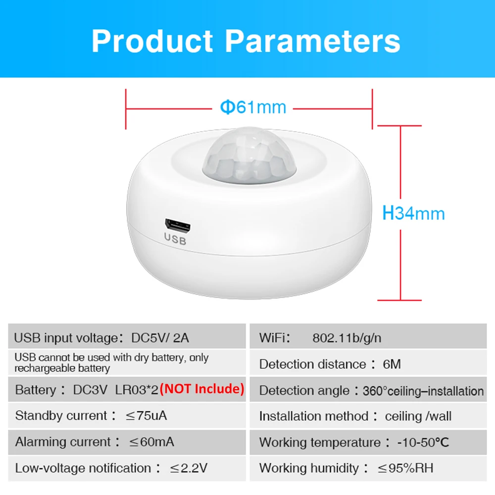 Tuya Smart Life WiFi USB Battery Powered Security Burglar Alarm Infrared Movement Human Body Alexa PIR Motion Sensors Detector