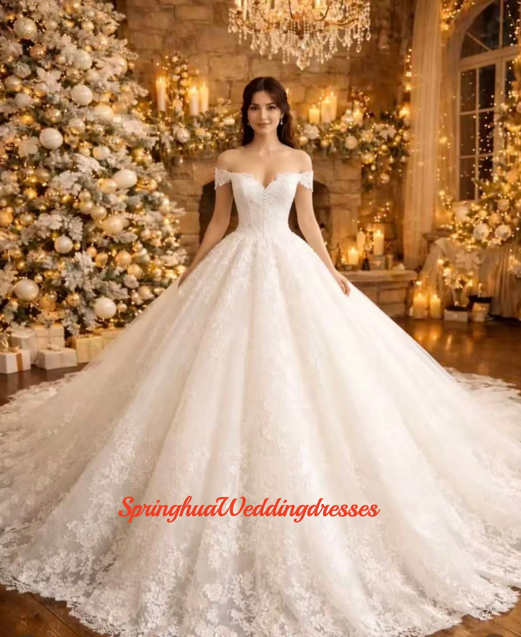 

Customized Luxury ivory Ball Gown Royal Wedding Dresses Long tail Tull crystal 3D Flower Lace beads applique Made Robe