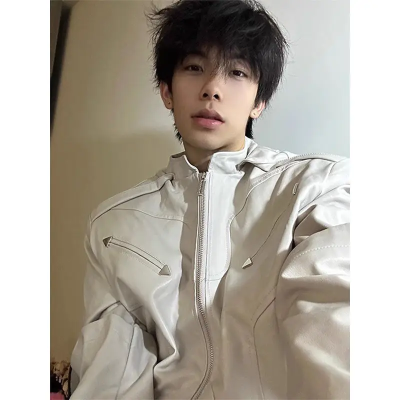 

Original Quali PU Leather Jaet White Bla Youth Faion Zipper Decorated Loose Fit Spring Autumn Wear for Men