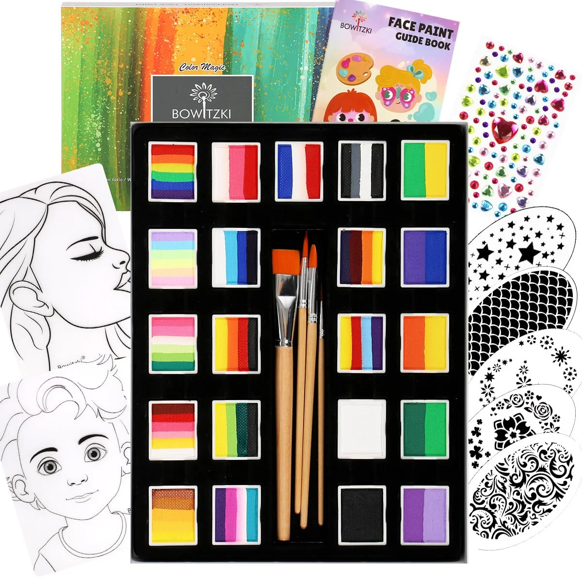 

Bowitzki 21 Color Split Cake Face Paint Set Professional Face Painting Kit Kids Adults 10g Guide Book Non Toxic