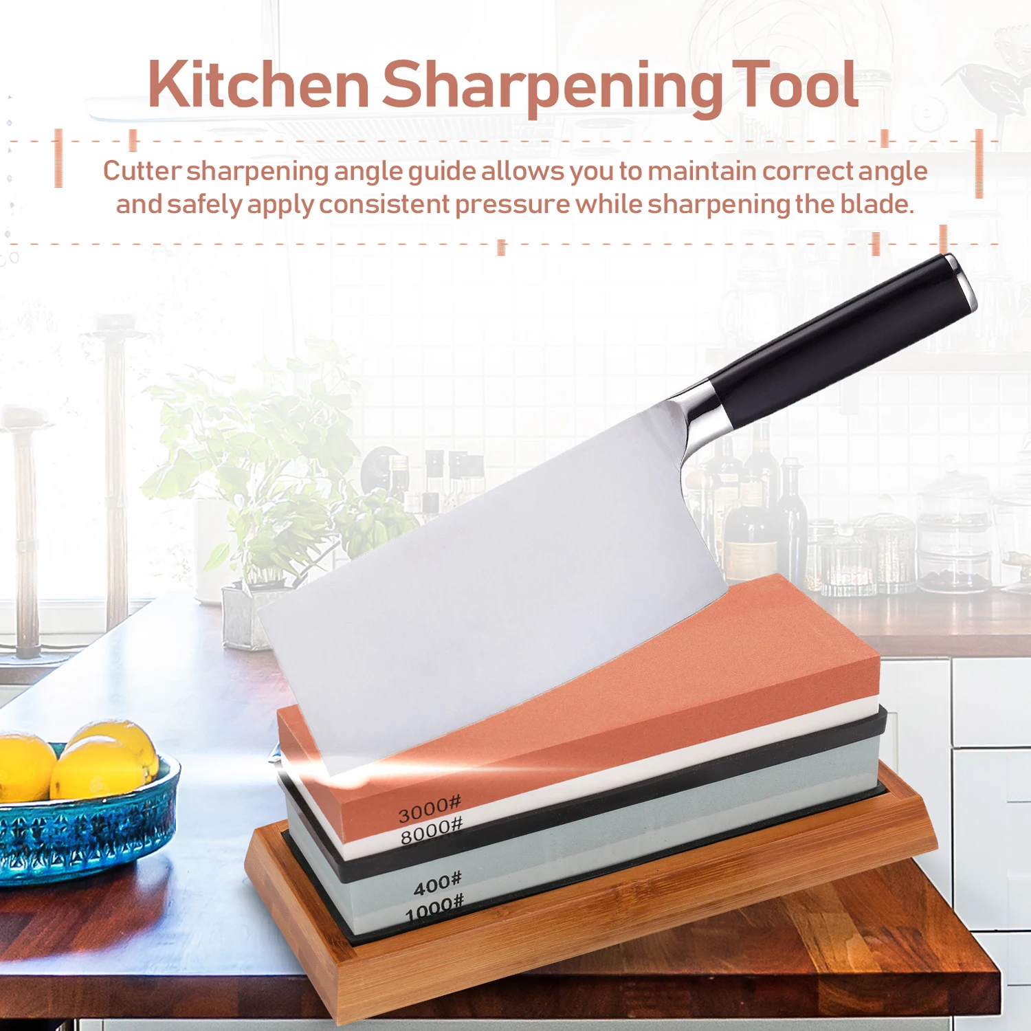 Knife Sharpening Stone Set Professional Knife Sharpener Double-side Whetstone Grinder Watster Stone Bamboo base Angle guide