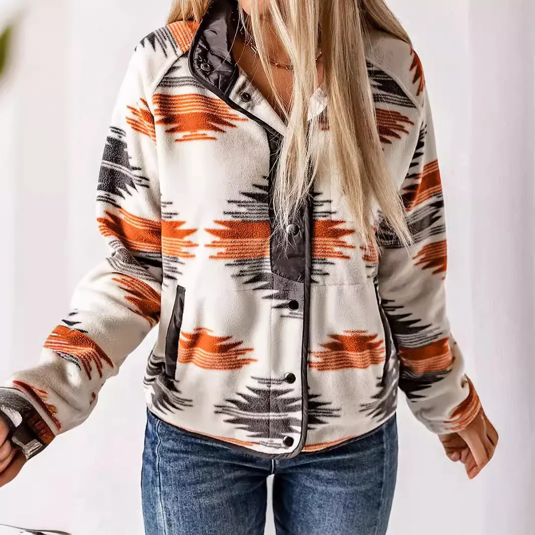 Ladies Winter New Fashion Spell Color Single-breasted Stand Collar Jacket, National Wind Printing Casual Loose  Patchwork Jacket