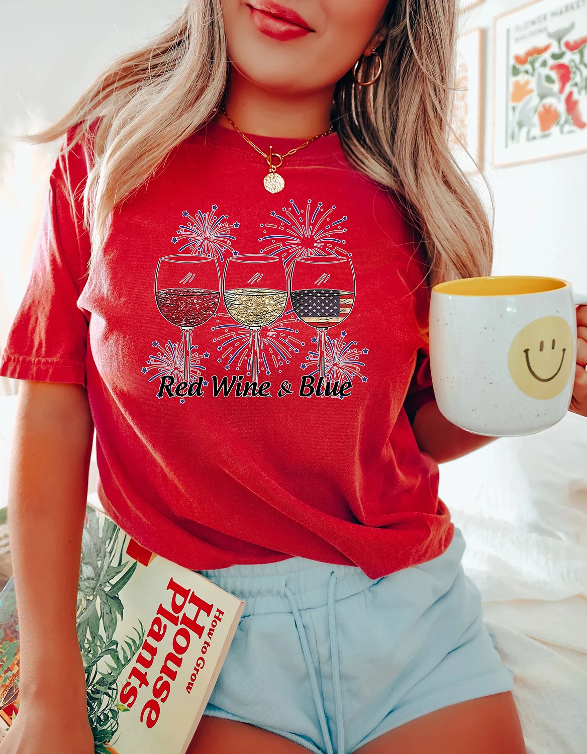 Red Wine and Blue Slogan Women T-shirt Vintage Cartoon An American Flag in A Wine Glass Print Female Holidya Party Casual Tee