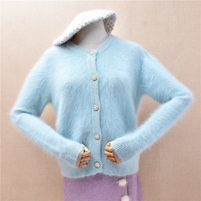 Women Mujer Autumn Winter Clothing Hairy Angora Rabbit Hair Knitted Long Sleeves Short Style Slim Cardigans Sweater Jacket Coat