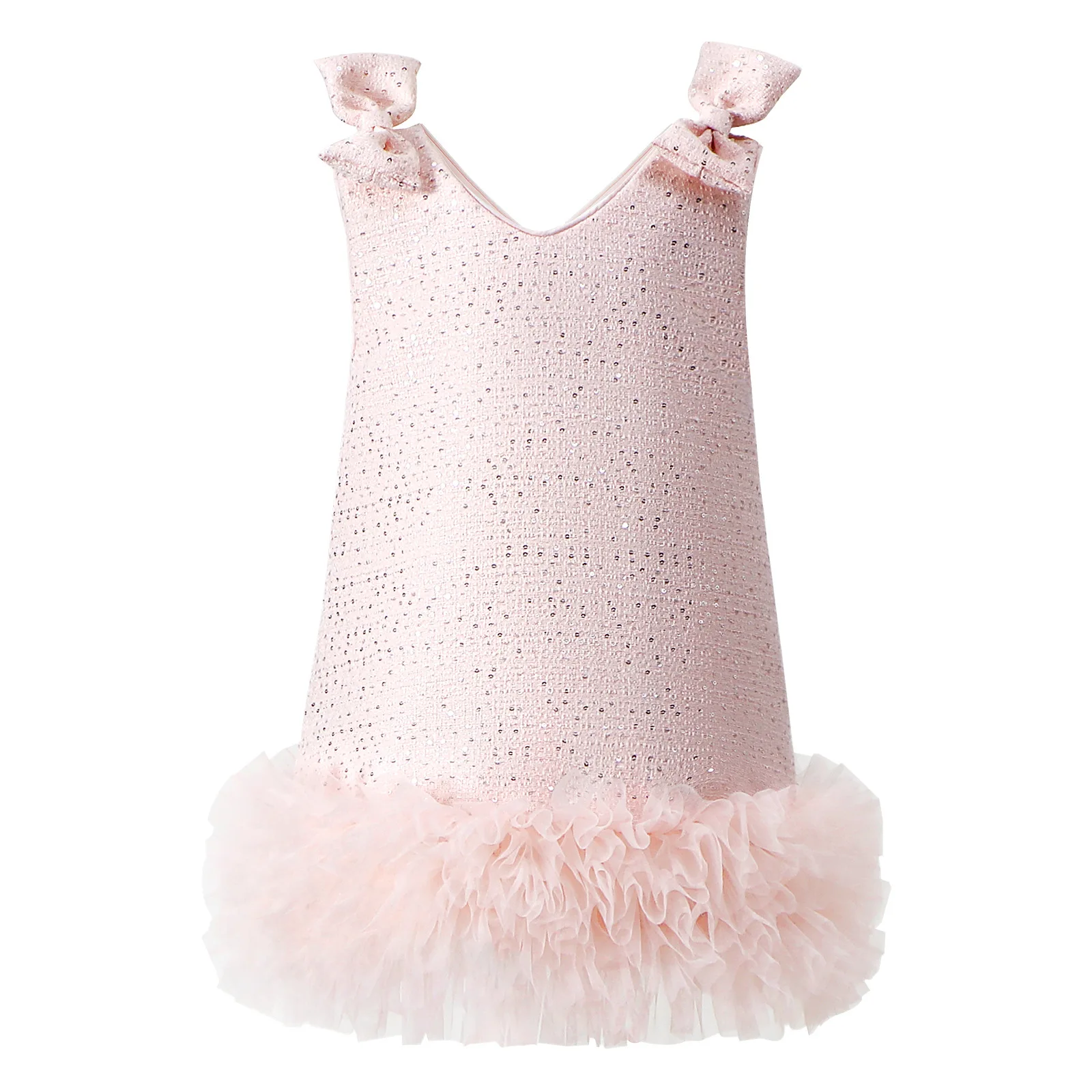 Toddler Girls Tweed Sequin Princess Dress Autumn Winter Sleeveless V Neck Bow Strap Tulle Hem Kids Party A Line Vest Dress JY15