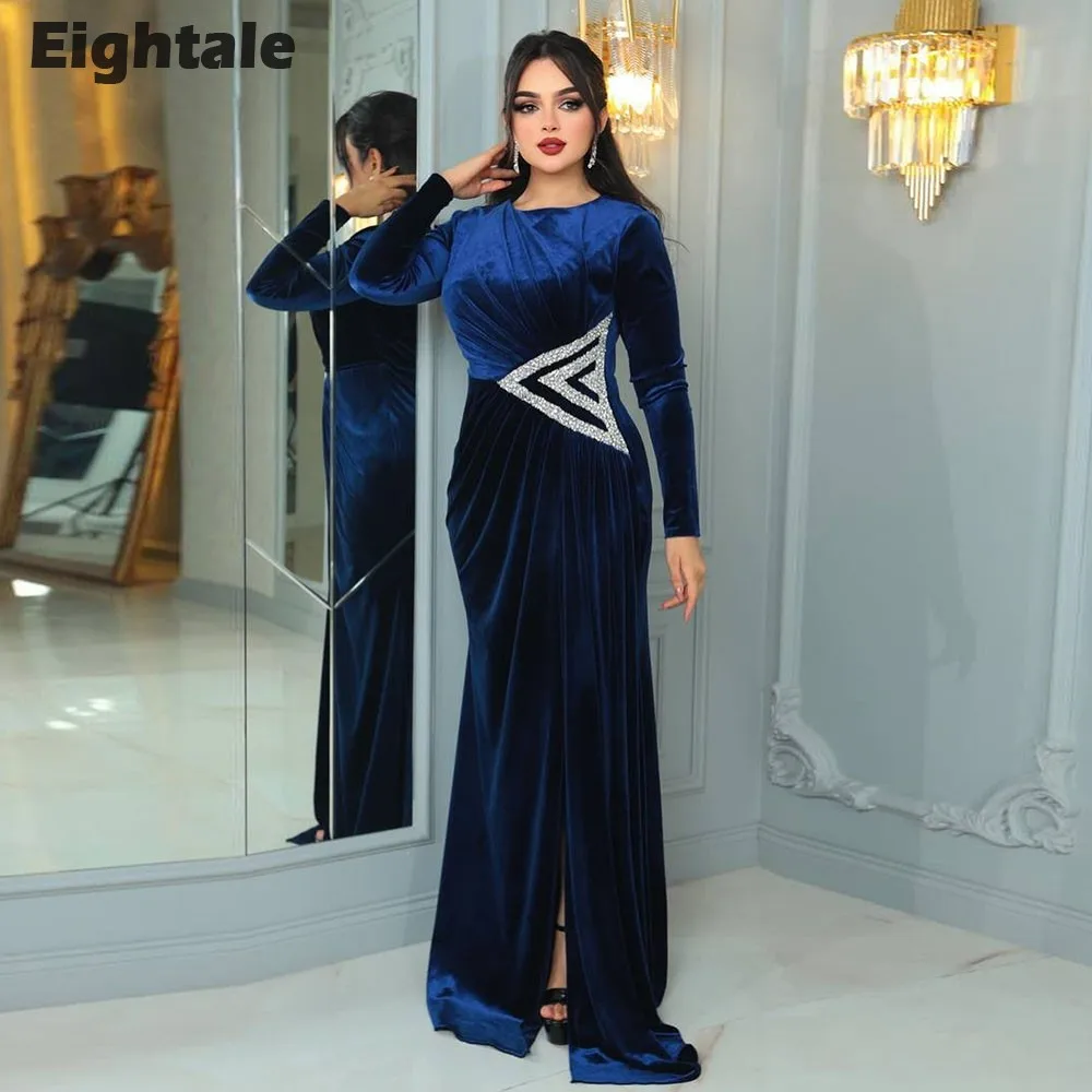 Eightale vestido de noche de terciopelo para fiesta de boda cuello redondo con cuentas azul oscuro mangas largas sirena árabe vestidos de graduación personalizados