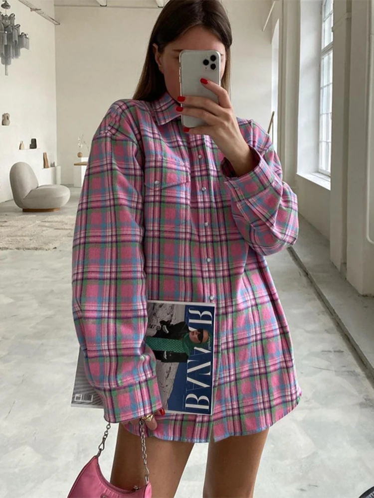 Pink Vintage Plaid Blouses Woman Loose Long Sleeve Shirt Casual Shirt Tops with Pockets 2023 Autumn Winter Women\'s Clothing