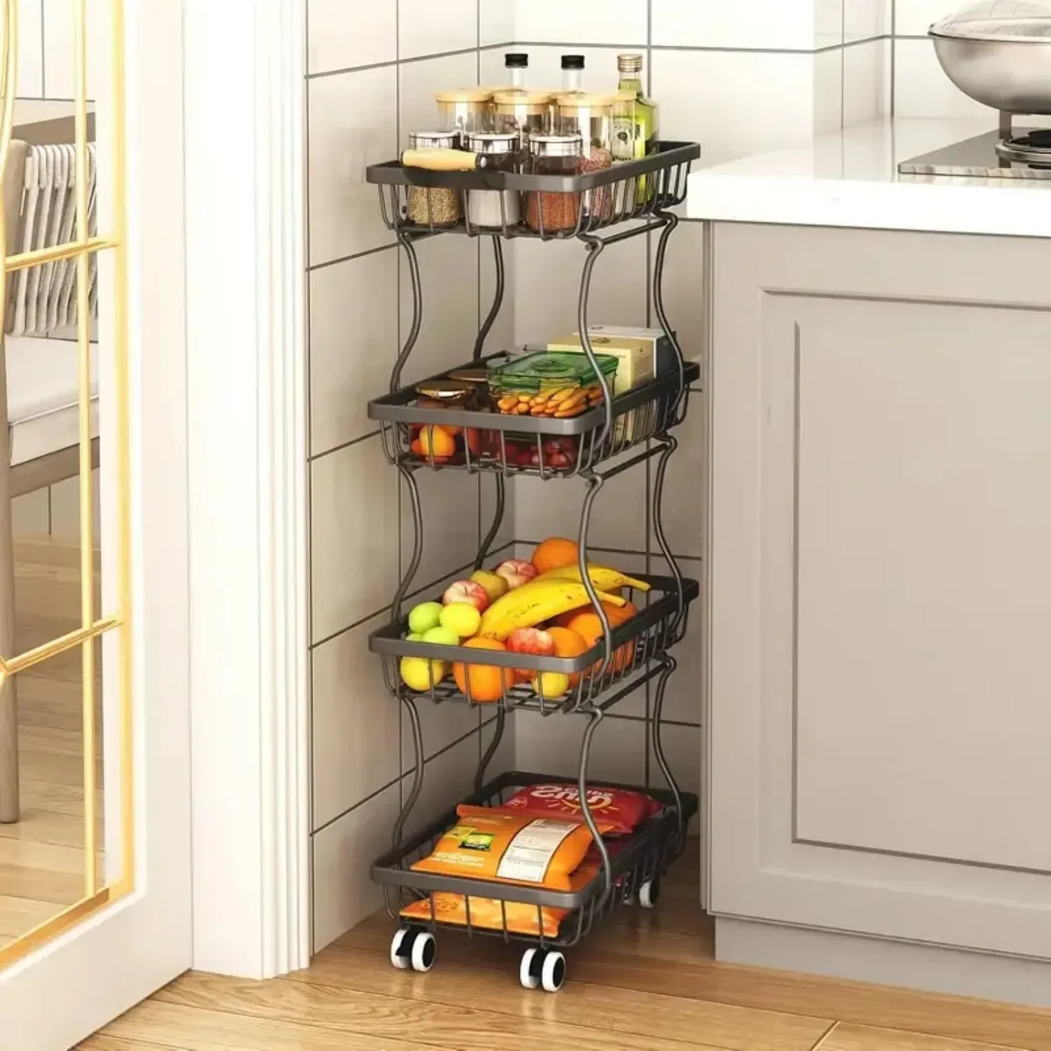 

4 Tier Stackable Metal Vegetable Rack with Wheels Rotating Corner Kitchen Organizer Basket for Potato Onion Banana Fruit Pantry