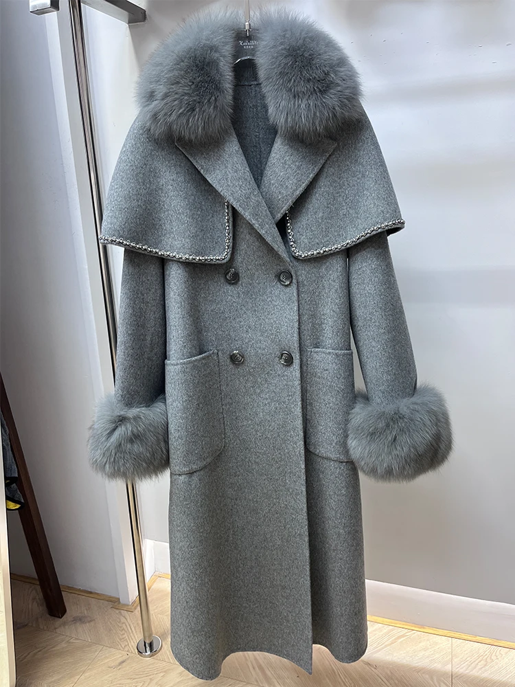 New Autumn Winter Cashmere Wool Woolen Ladies Outerwear Female Coat Real Fur Long Coat Women Natural Fox Fur Collar Jacket