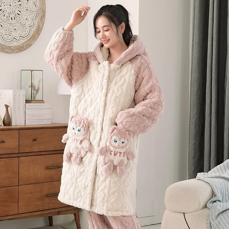 Women's Nightgown Quilted Pajamas set Women's Coral Fleece Winter Hooded Warm Cotton-padded Jacket Thickened Cartoon Loungewear