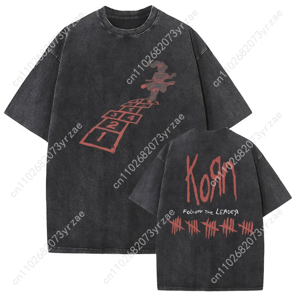 Korn Rock Band  Retro Wash Tshirt Man Woman High Quality Vintage T Shirt Fashion Cotton Short Sleeves Soft Breathable Tops