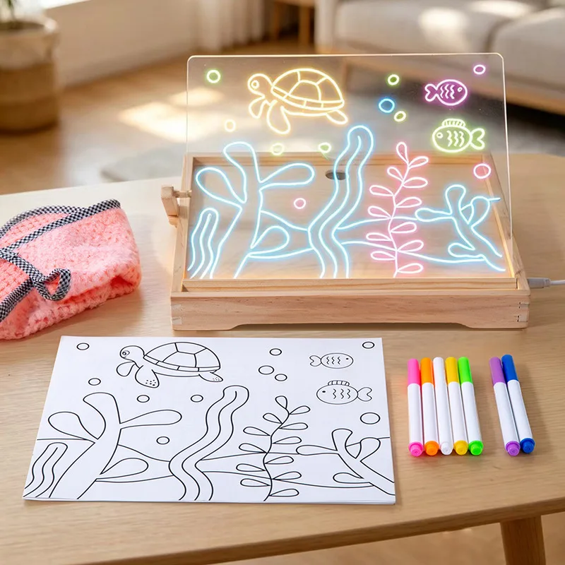 Childrens Wooden Draw Board Acrylic Transparent Wipeable Painting Board Montessori Toys Fluorescent Creative with Included Pens