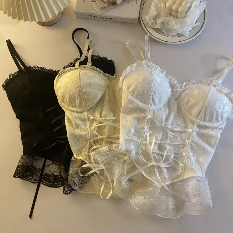 French Style Romantic Bandage Camisole Women Sweet Ladies Casual Crops Mujer Popular Summer Vintage Girl Slim Aesthetic Inside