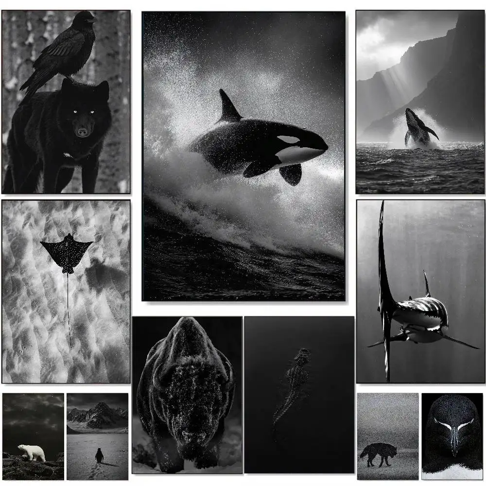 Black White Wild Animal Poster Monochrome Orca Panther Wolf Polar Bear Wildlife Dark Moody Nature Print Art Room Aesthetic Deco