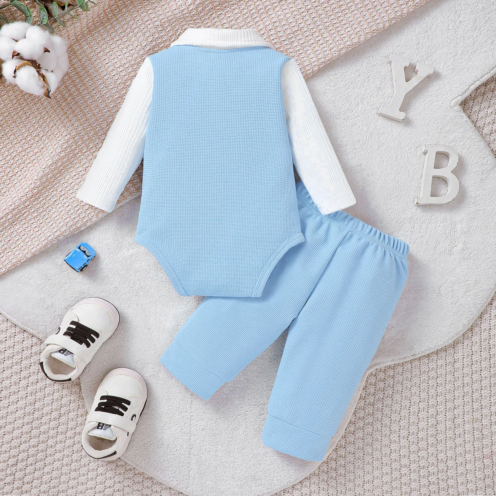 2Pcs Baby Boy Birthday Gentleman Outfit Fake Two Piece Romper with Bow Tie +Pants Newborn Infant Party Costume for 0-18 Months