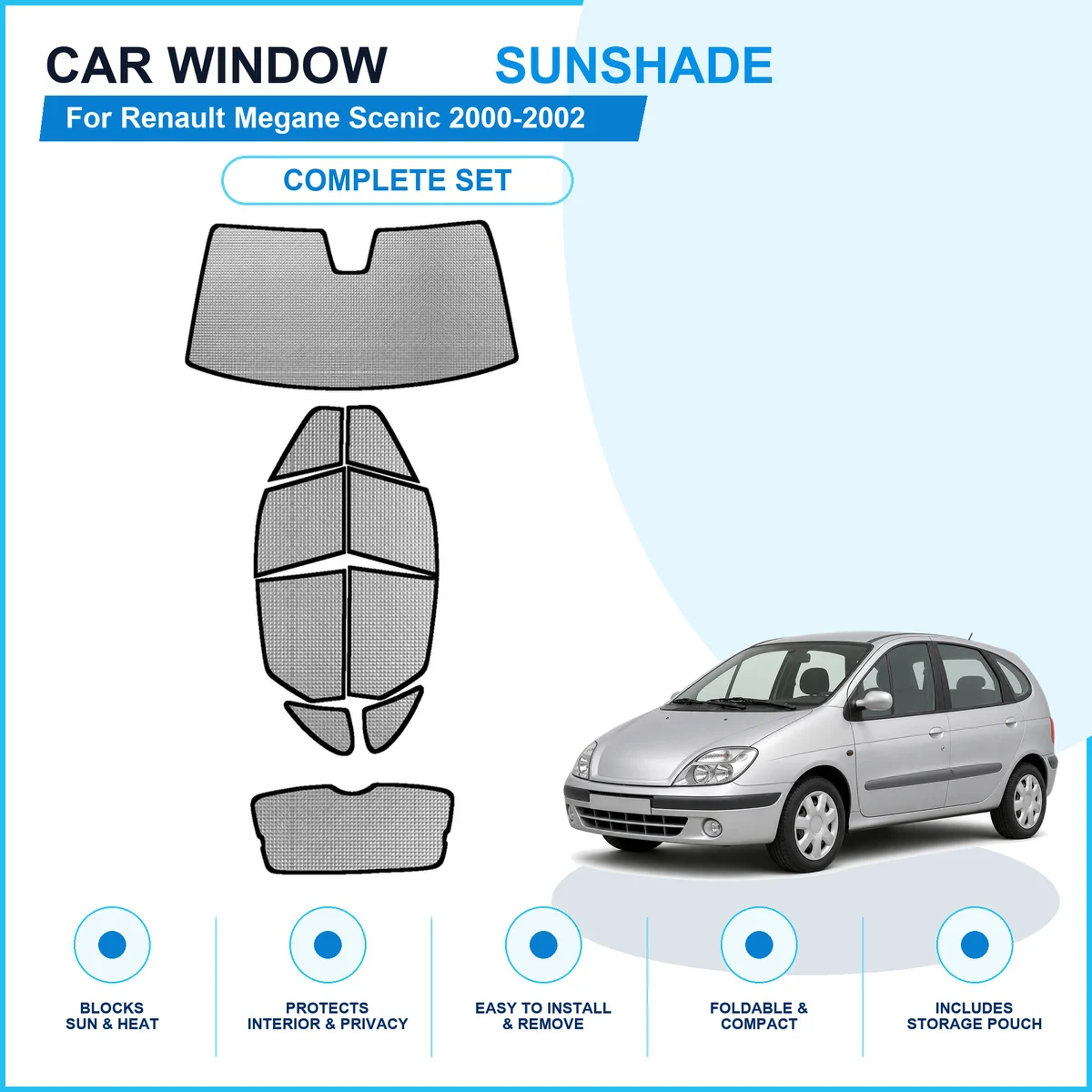 For Renault Megane Scenic 2000-2002 Custom Full Set Window Sunshades Aluminum Foil Suction Cup Anti UV Privacy