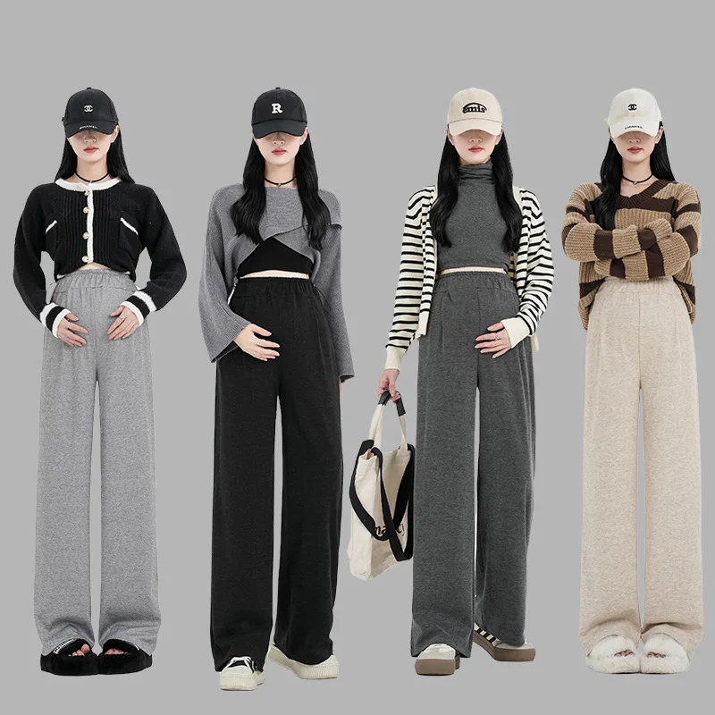 Maternity Pants Autumn and Winter Outer Wear Fleece Thickened Wide-leg Pants Not Restrain Belly Straight Glutinous Rice Pants