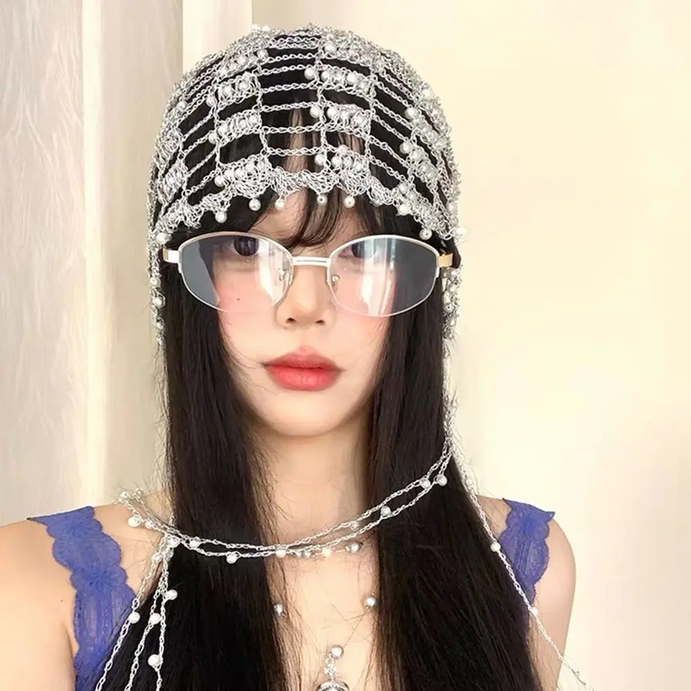 Retro Style Handmade Beaded Hat Pearl Beaded Metal Chain Hollow out Slouch Cap Openwork Breathable Chain Pullover Hat Women