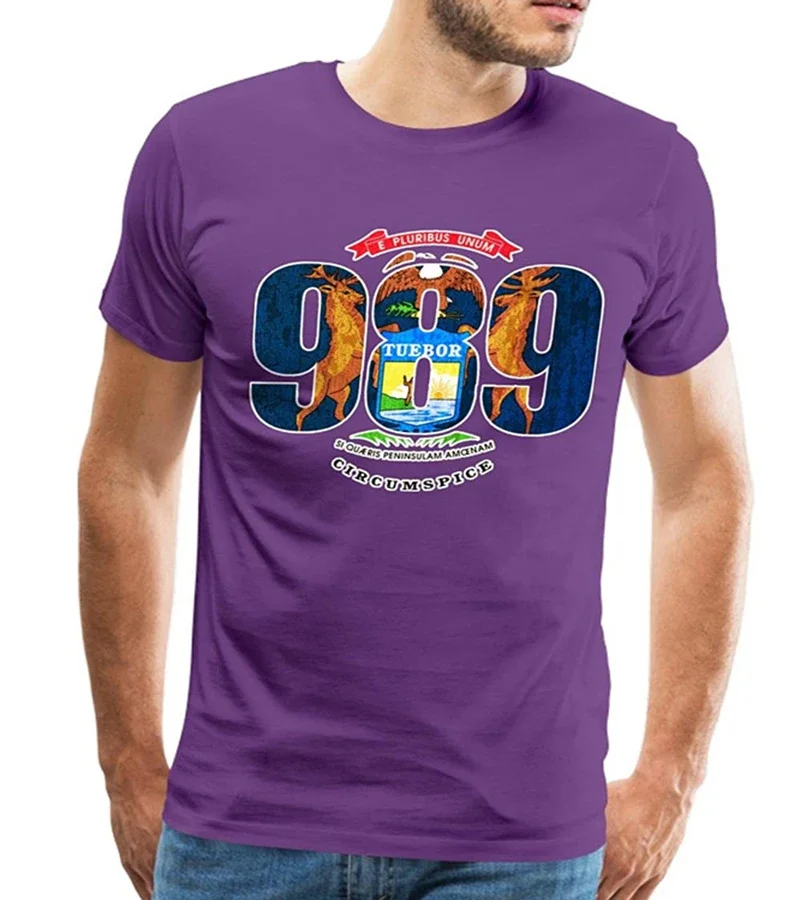 Модная одежда 989, футболка с кодом зоны Мичигана, 100% хлопок, с круглым вырезом и коротким рукавом, летняя повседневная мужская футболка, размер S-3XL
