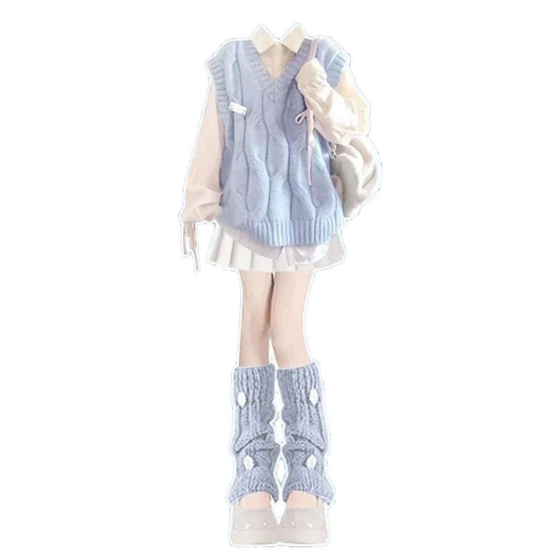 

2025 Spring Autumn New Japanese Korean Dopamine Academy Style Dress 3 Set Women's Vest + Drawstring Shirt + White Pleated Skirts