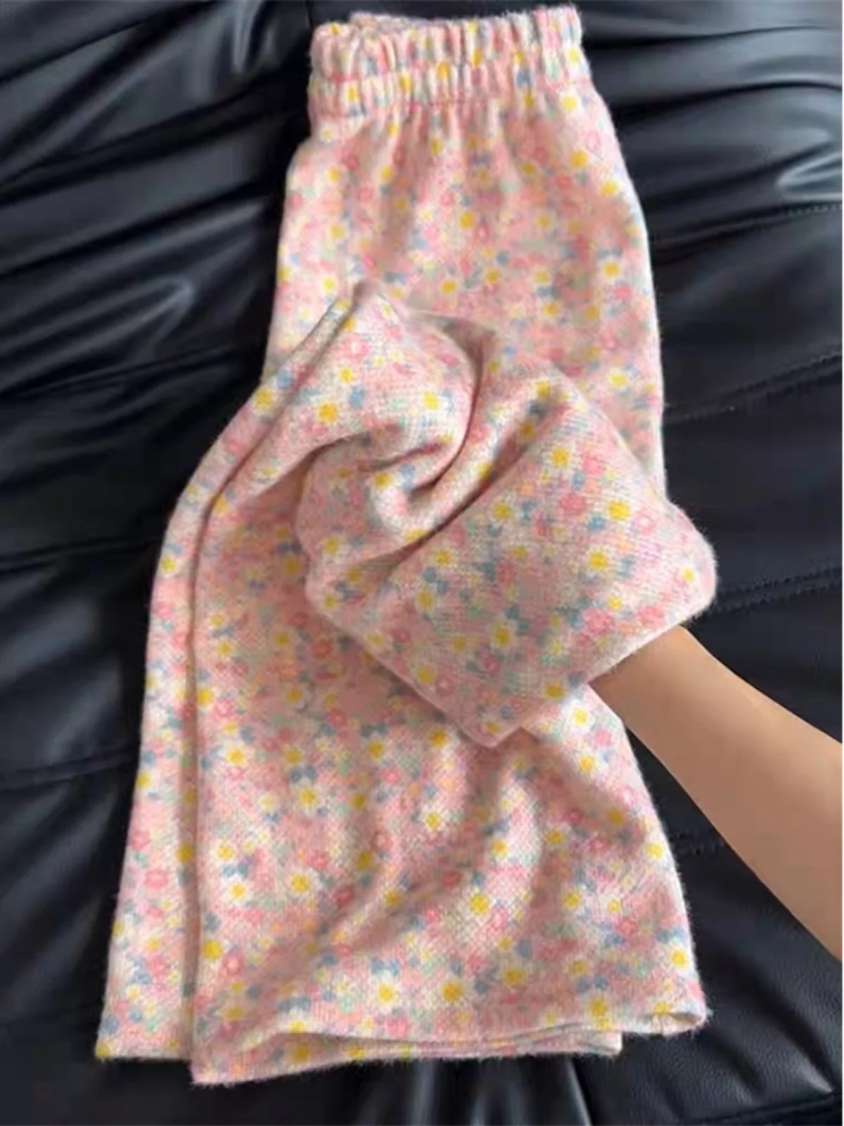 

Pink Floral Fur Wide Leg Pants Women's Thi Knitted Straight Cut Autumn Winter plus Size Trousers High Waist Long Pants