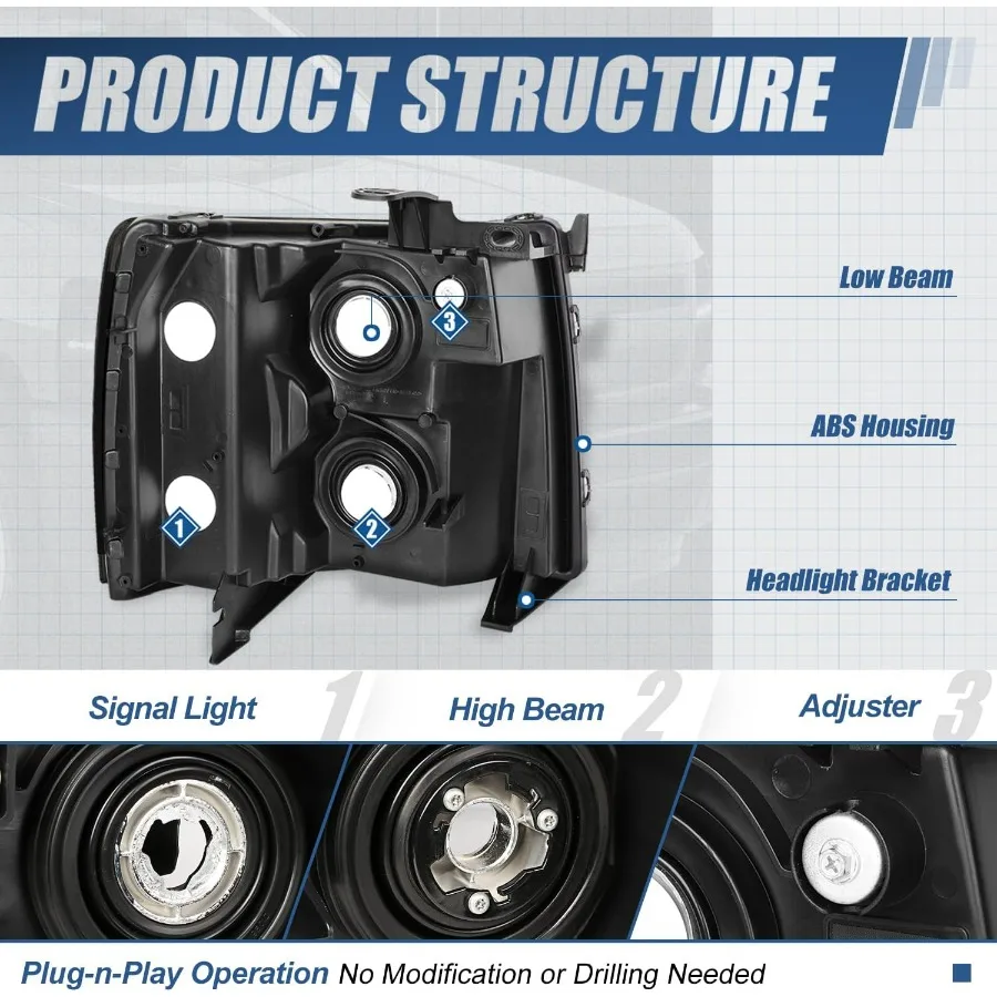 مجموعة المصابيح الأمامية المتوافقة مع 20072014 تشيفي سيلفرادو 1500 للسائق ومصابيح الهالوجين الجانبية للركاب لاستبدال E #4