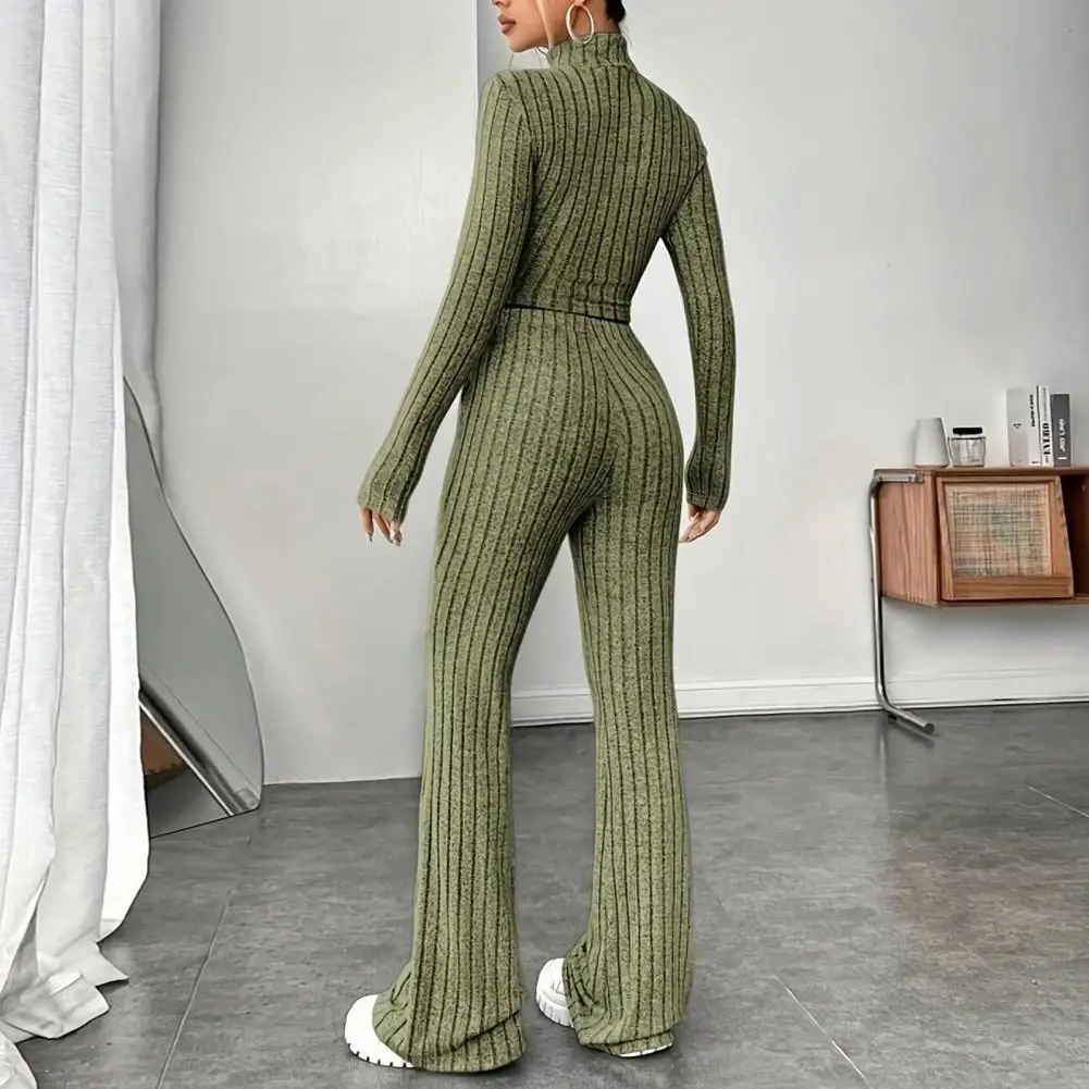 Women Striped Knitted Crop Top Pants Set Autumn Winter Elegant Round Neck Tops Loose Pants Suit Casual Sport Two Piece Sets