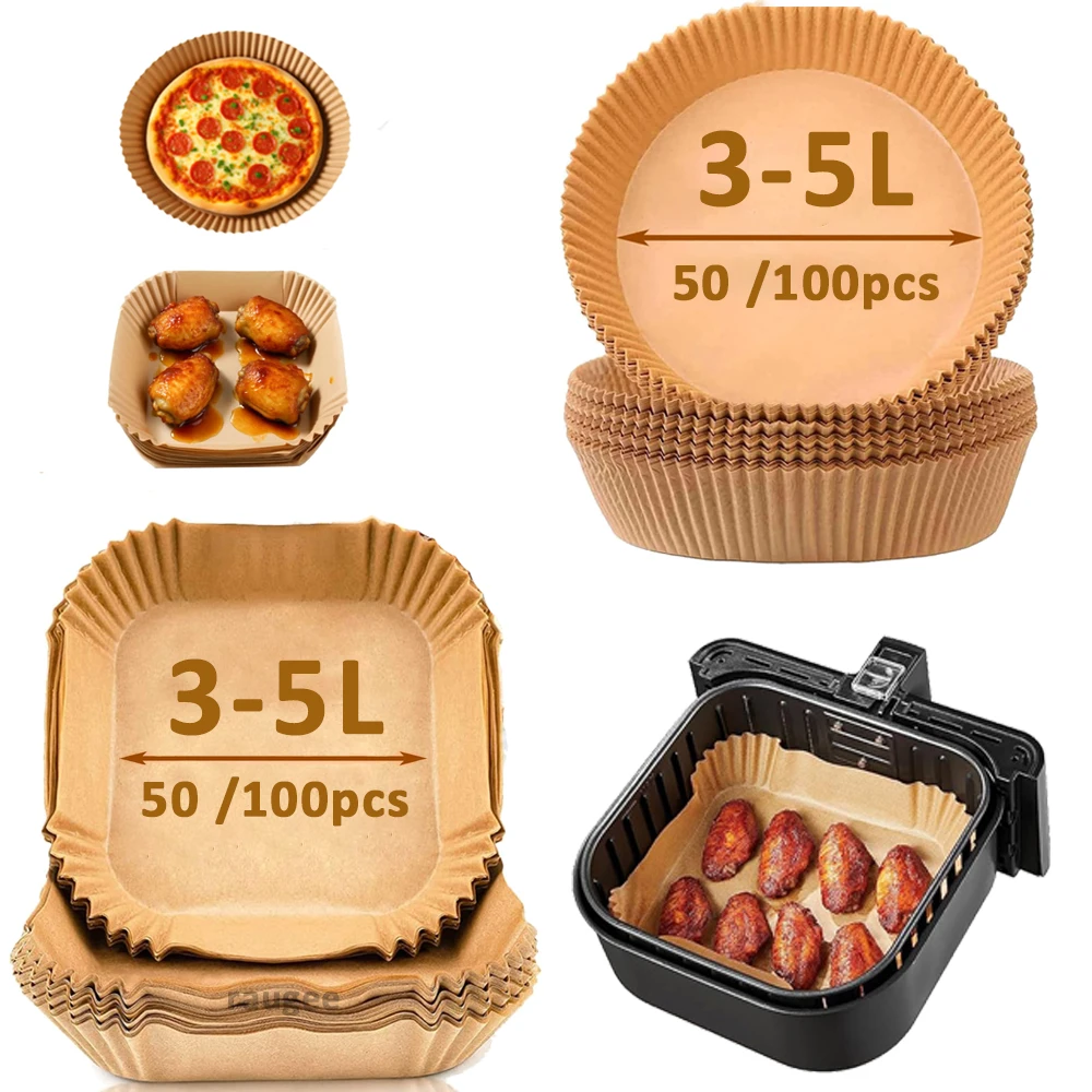 50/100개 에어프라이어 종이 라이너 기름 방지 일회용 분리 트레이 베이킹 종이 원형/사각형 에어프라이어 종이 라이너