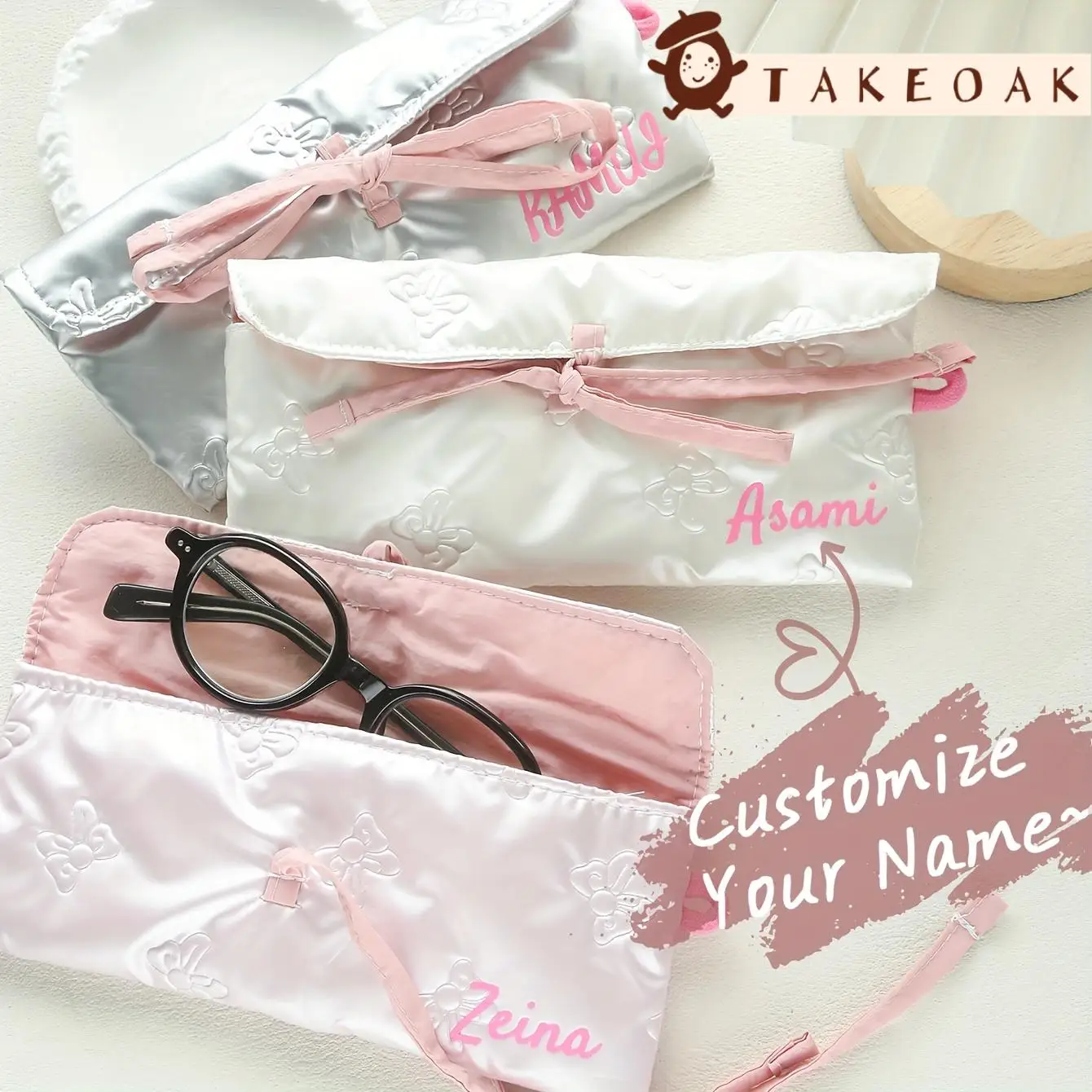 Personalized Custom Name Embossed Bow Satin Glasses Bag Soft Drawstring Sunglasses Pouch Gift For Girls travel storage bag
