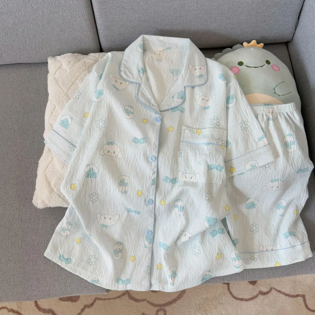 

Женская пижама Sanrio Cinnamoroll Cloud Cotton: шорты и футболка с коротким рукавом, летний домашний комплект с мультяшным принтом, милый ночной костюм