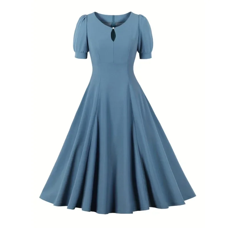 

2024 New Retro Keyhole Front High Waist Elegant Formal Occasion Dresses Short Sleeve Women Summer Vintage Solid Midi Swing Dress