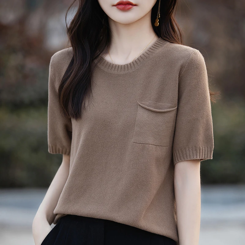 Women's T-Shirt Spring/Summer 100% Cotton Sweater Short Sleeve Casual Round Neck Ladies Tops Loose Blouse Pullover Tees Pocket