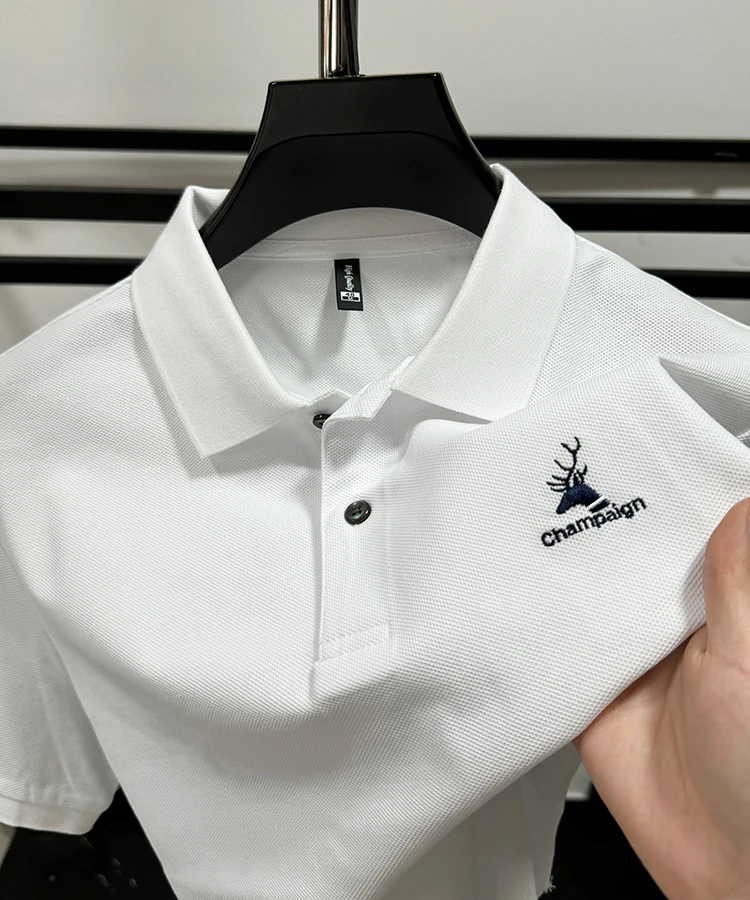 

Роскошная мужская рубашка-поло премиум-класса с лацканами и вышивкой головы оленя, с коротким рукавом, 100 хлопок, новая летняя футболка, модная универсальная мужская футболка