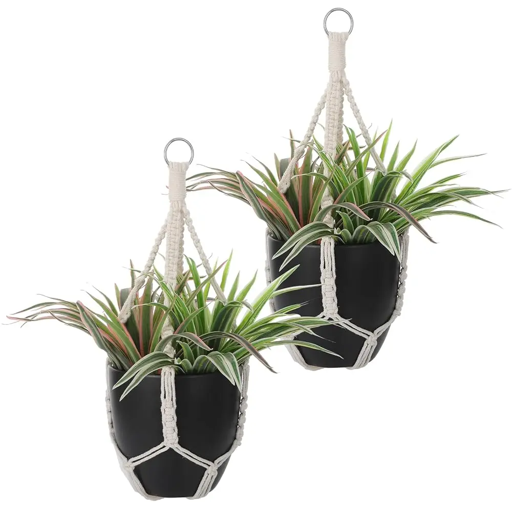 

Набор из 2 подвесных кашпо для растений ручной работы в технике макраме, 19,6 дюймов, хлопковые подвесные корзины для растений, держатели для цветов в стиле бохо, белые веревочные подставки для цветочных горшков