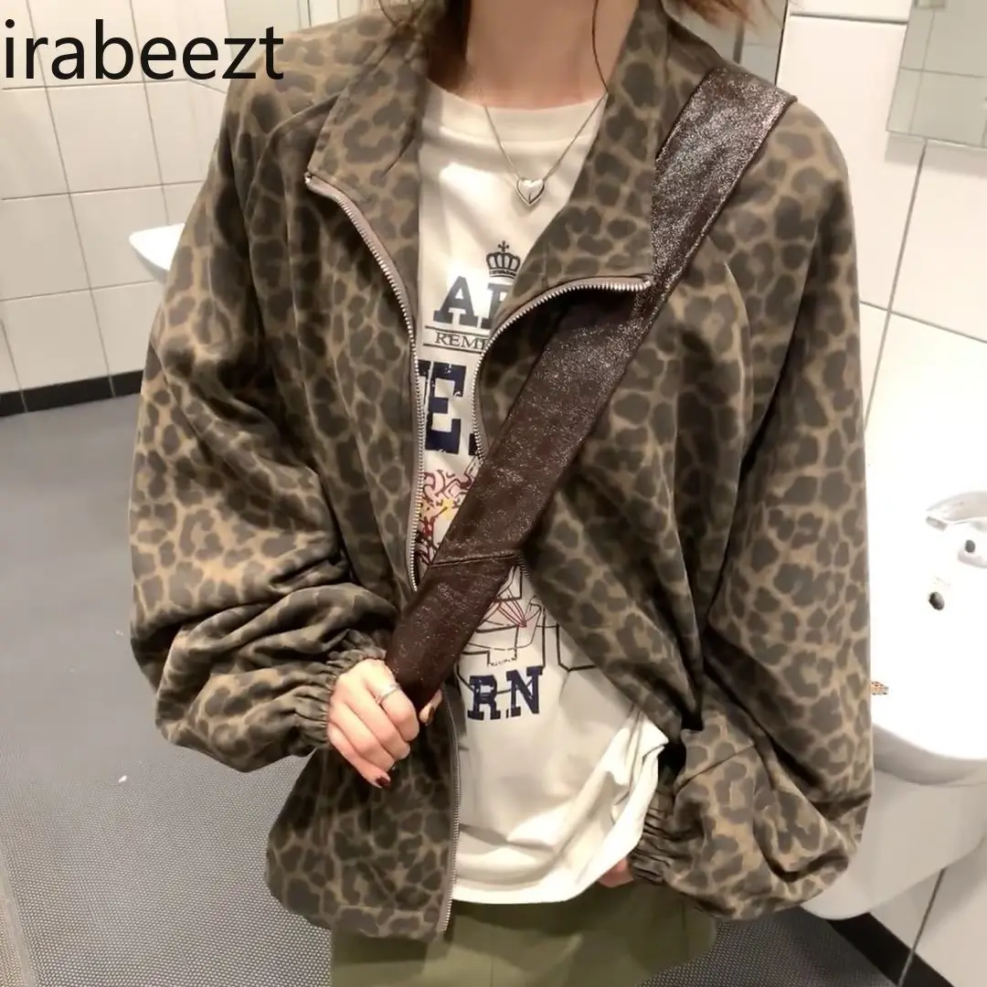 Autumn new retro leopard print coat loose personality all zippered cardigan Korean version of the top denim jacket women