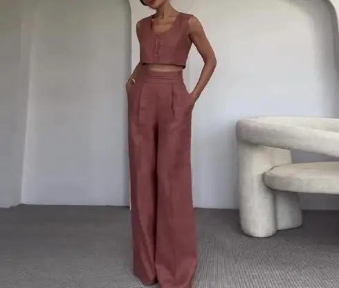 

Two Piece Set Women Outfit 2025 Summer New U-Neck Sleeveless Crop Tank Top & High Waist Pocket Design Straight Pants Set