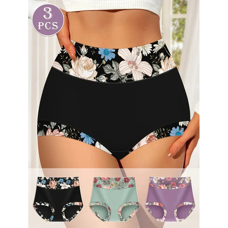 

3pcs High Waist Women's Briefs Tummy Control Sexy Breathable Printed Butt Lift Summer Comfortable Underwear