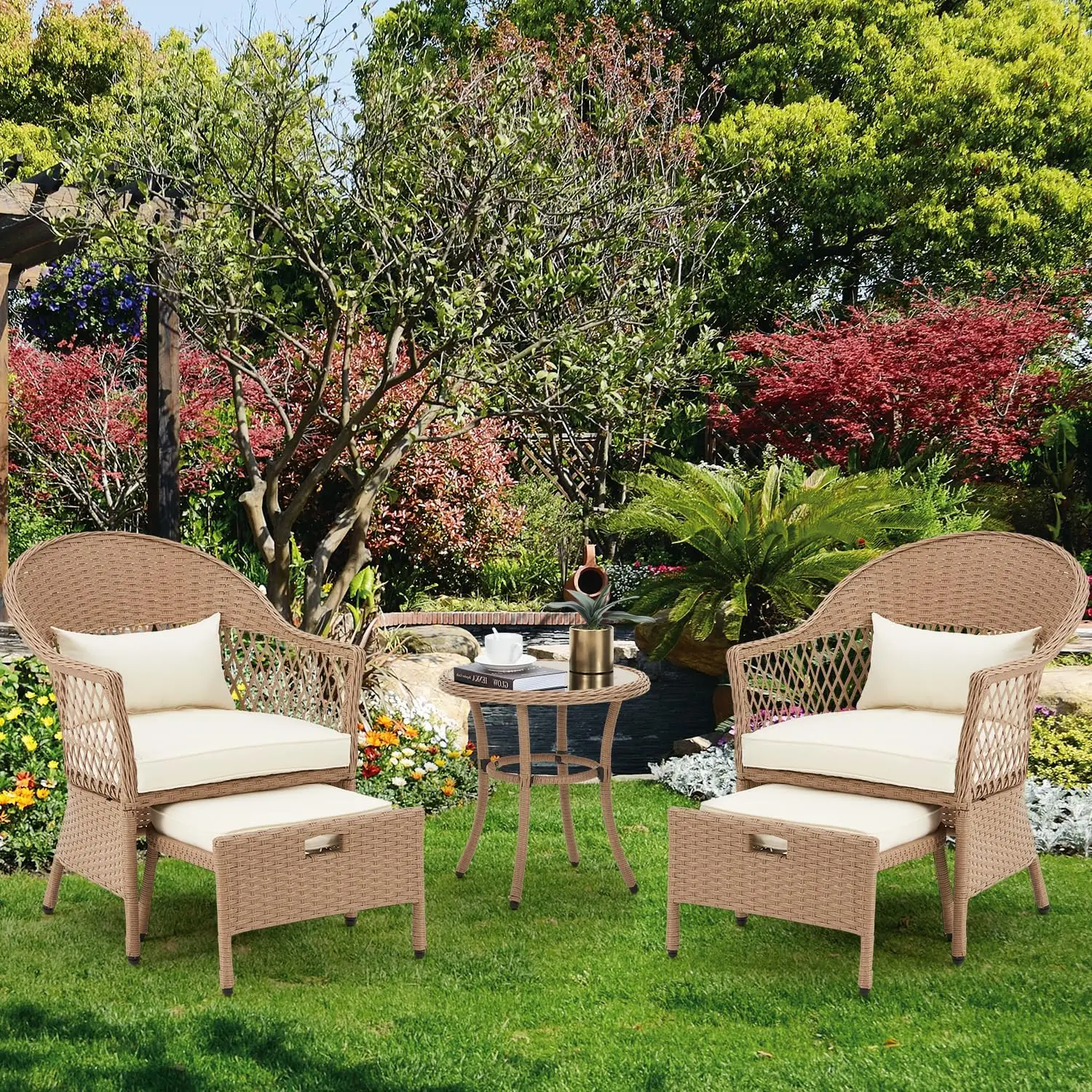 Outdoor Furniture Set, Rattan Conversation Sets W/Tempered Glass Coffee Table & Soft Cushions, Patio Chairs with Ottomans