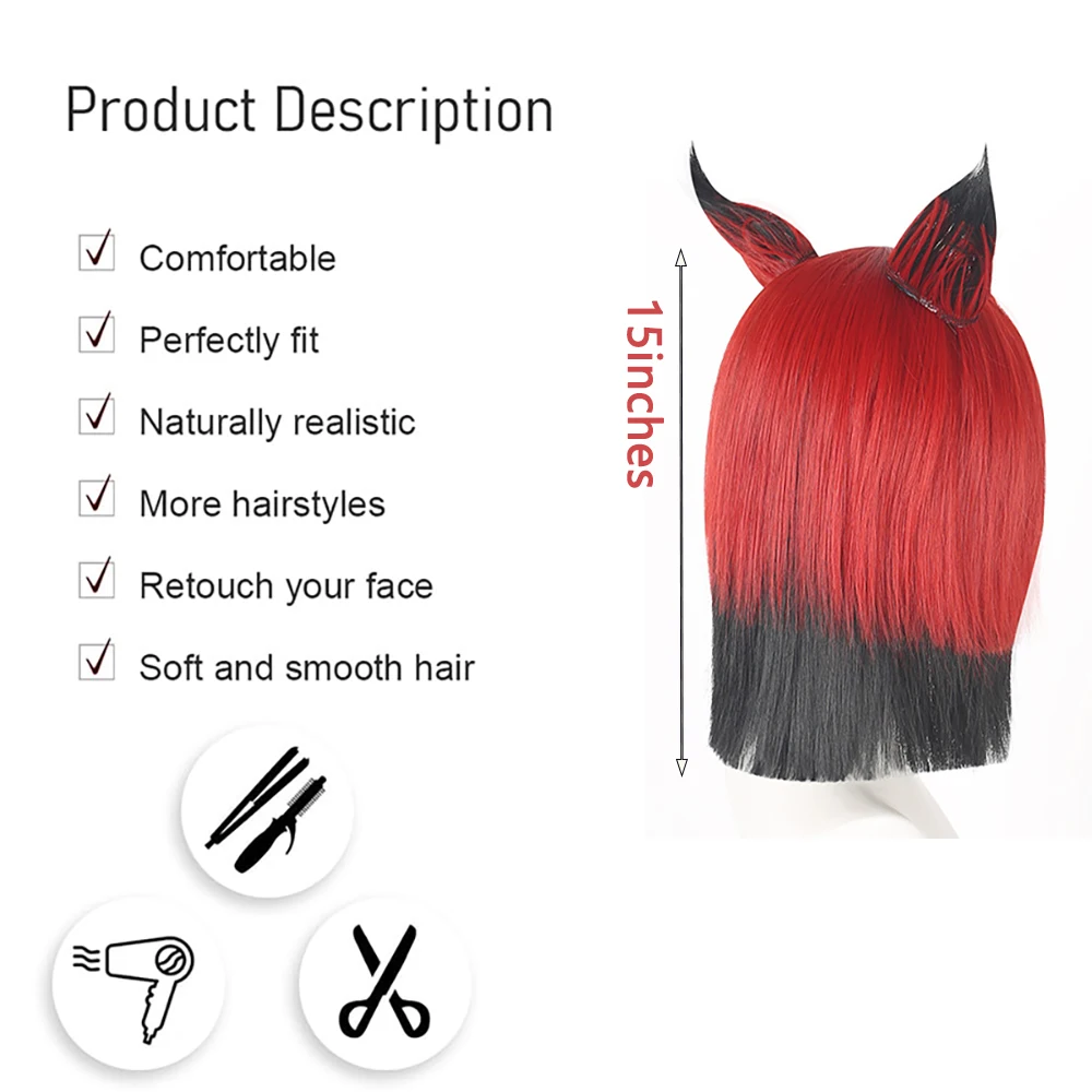 Alastor Cosplay Wig Red Black Gradient Short Hair With Detachable Fox Ears Headband Anime Role Play Full Wig For Men Women