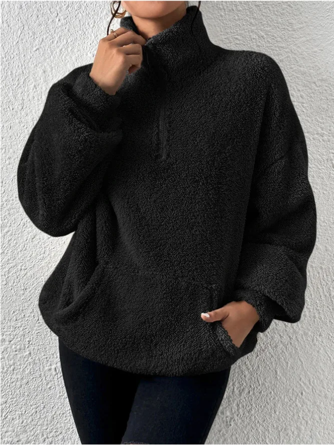 2026 Herbst Winter Mode Damen Samt-Hoodie Einfarbig Verdickter Plüsch-Pullover mit Großer Tasche Warmer Langarm-Damen-Sweatshirt – Detail 14