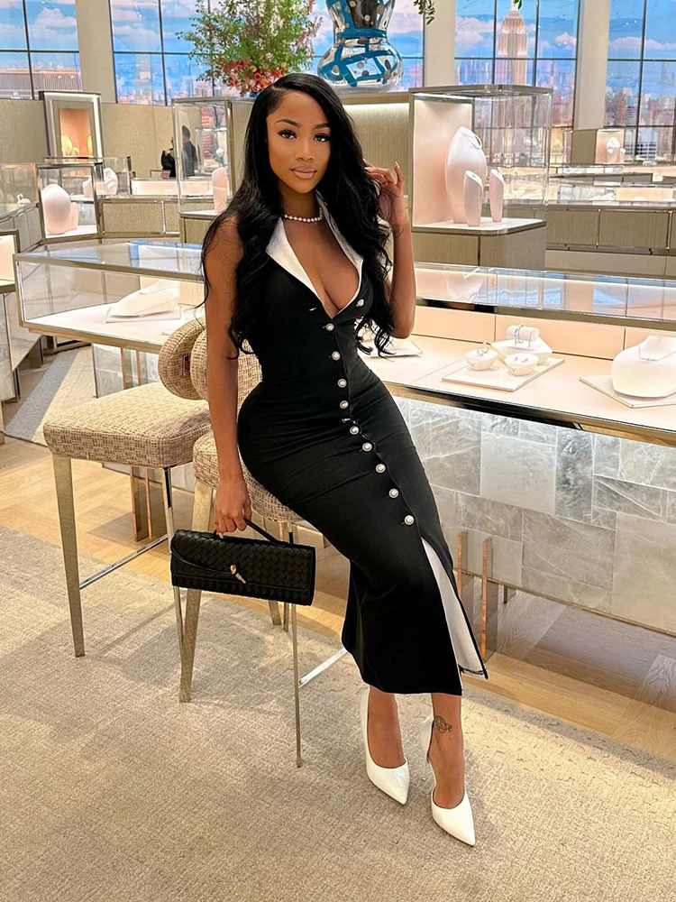 Vestidos largos ajustados de retales a la moda para mujer, vestido largo sin mangas con una botonadura, vestido largo hasta la rodilla con solapa de cintura alta para verano