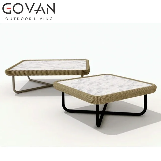 Elegant and modern furniture garden brushed aluminum frame with natural marble table top outdoor coffee table set