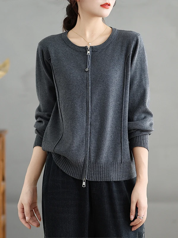 Cardigã F de Manga Longa com Zíper, Efeito Emaecedor, Cor Pura, Moda Outono Inverno, Suéter