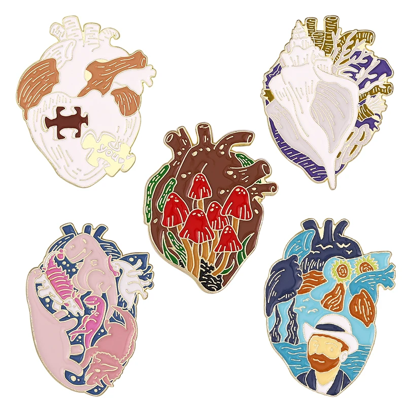 Heart Shape Enamel Pin Starry Night Mushroom Dinosaur Conch Puzzle Brooches Collar Badge Ocean Jewelry Gift for Children