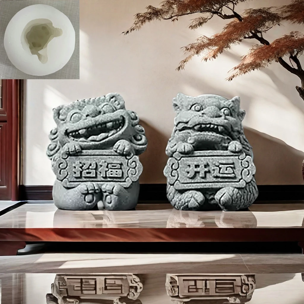 Feng Shui Cement Stone Lion Silicone Mould Tea Pet Lucky Office Desktop Decoration Landscape Ornament Mould